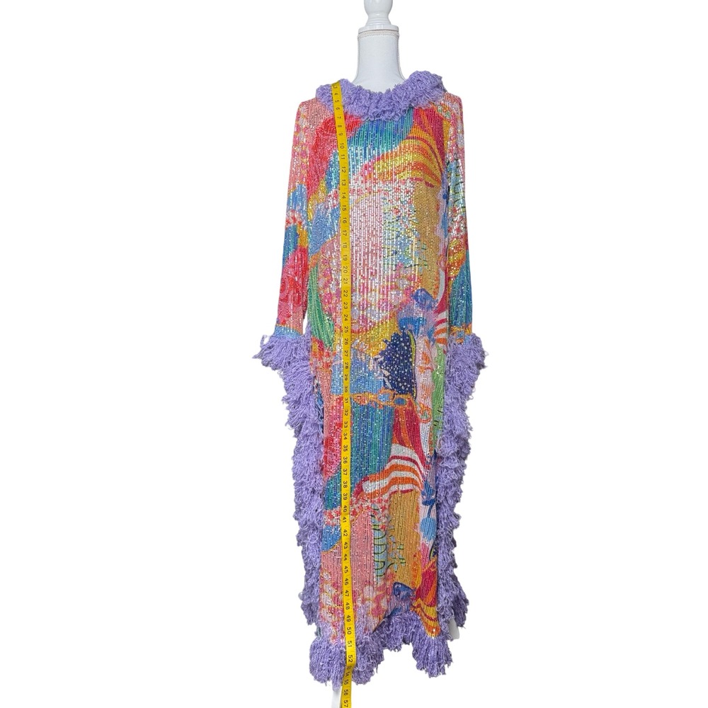 Celia B Raffaella Sequin Fringe Maxi Dress Colorful Statement Size S - Picture 6 of 8